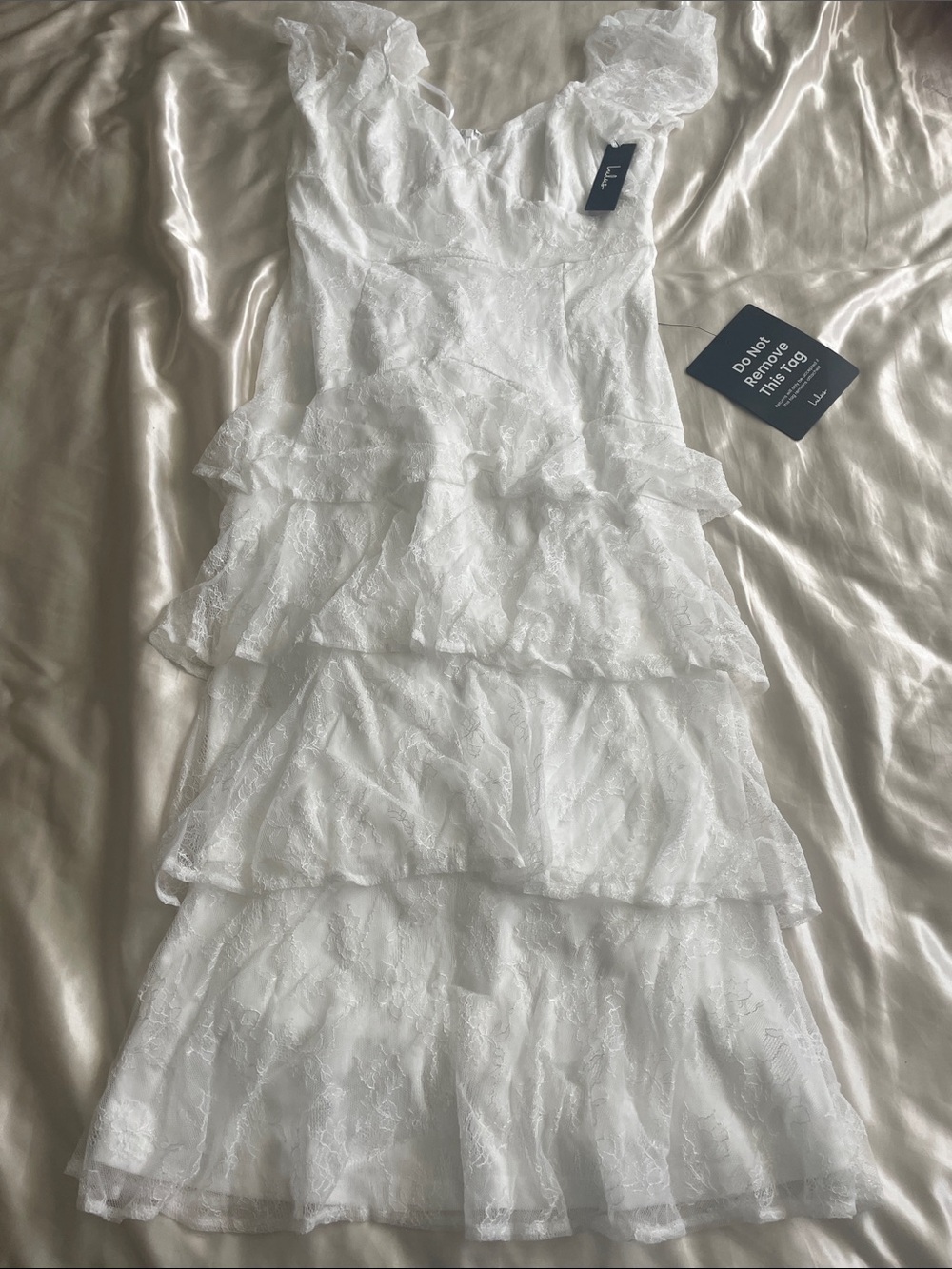Lulus Graceful Darling White Lace Flutter Sleeve Tiered Midi Dress